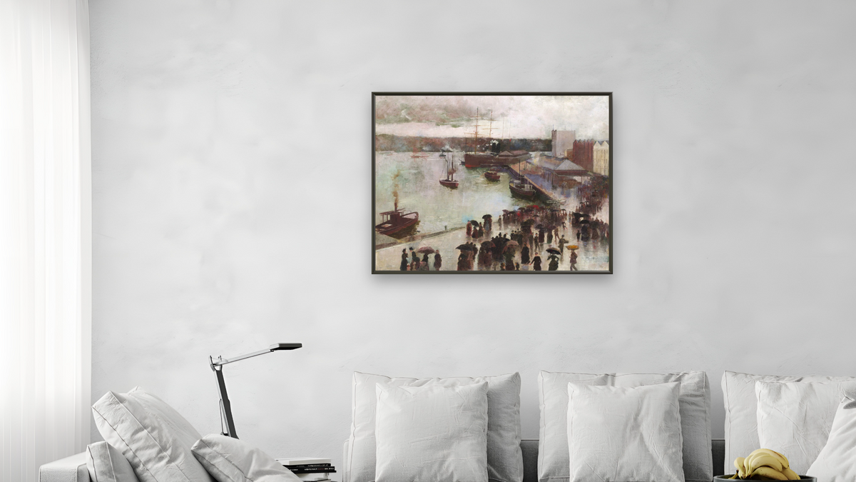Departure of the Orient, Circular Quay by Charles Conder, shown at 32 × 40 in (81.3 × 101.6 cm) on canvas in Ramino Satin Black, living