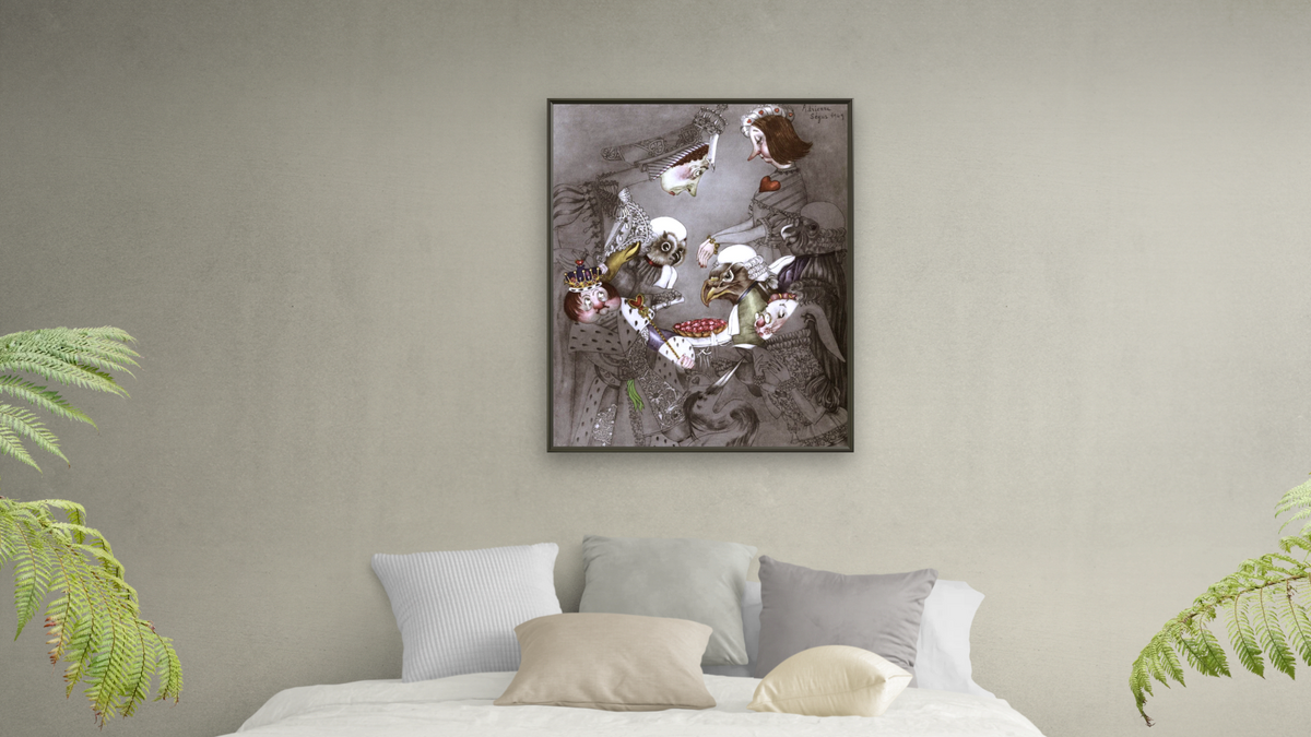 Alice in Wonderland: The Queen of Hearts Accuses, shown at 32 × 40 in (81.3 × 101.6 cm) on canvas in Ramino Satin Black, bedroom