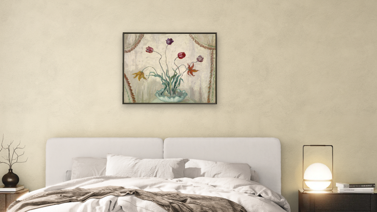 Bowl of Tulips by Florine Stettheimer, shown at 32 × 40 in (81.3 × 101.6 cm) on canvas in Ramino Satin Black, bedroom