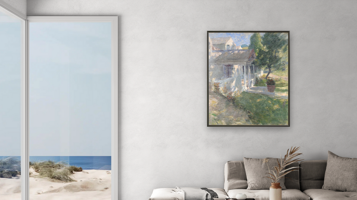 My House by John Henry Twachtman, shown at 32 × 40 in (81.3 × 101.6 cm) on canvas in Ramino Satin Black, living