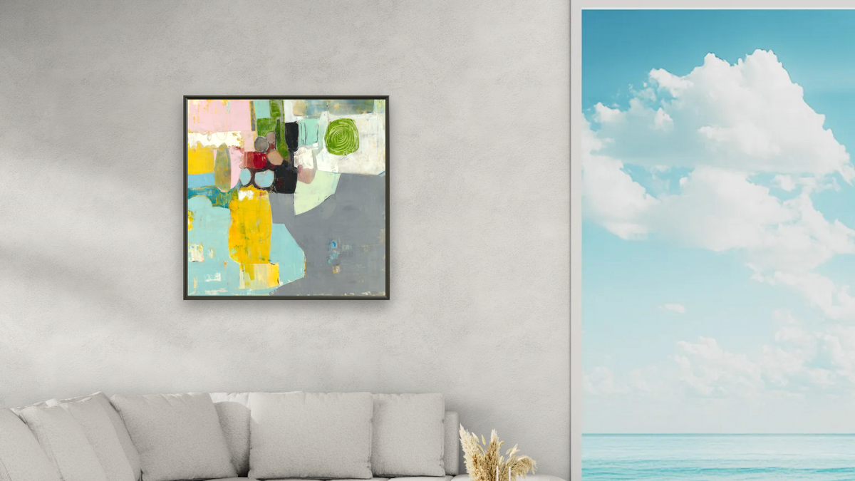 Yellow Vase by Louise Gaskill, shown at 32 × 32 in (81.3 × 81.3 cm) on canvas in Ramino Satin Black, living