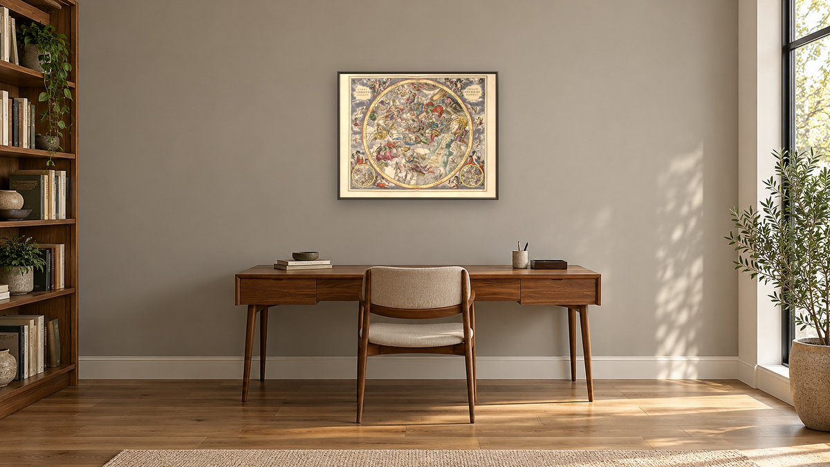 Plate 23 from Harmonia Macrocosmica by Andreas Cellarius, shown at 32 × 40 in (81.3 × 101.6 cm) on canvas in Ramino Satin Black, library