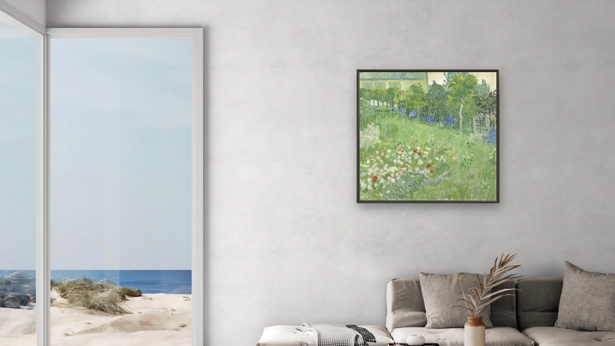 Daubigny's Garden by Vincent van Gogh, shown at 32 × 32 in (81.3 × 81.3 cm) on canvas in Ramino Satin Black, living