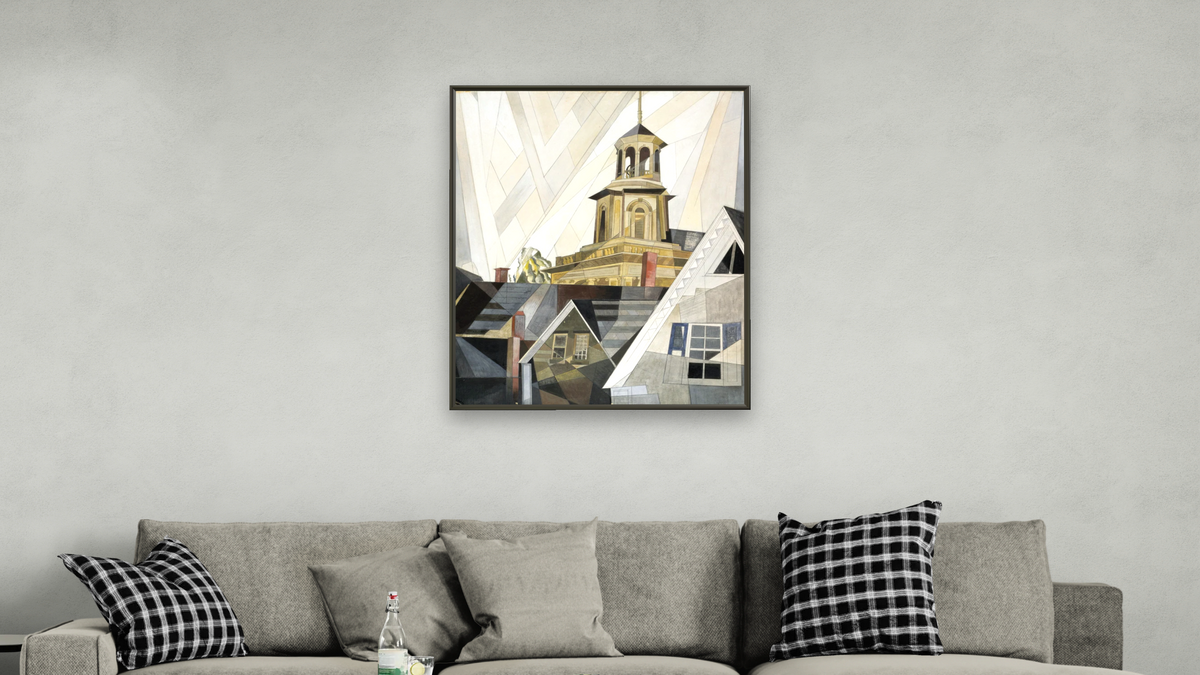 After Sir Christopher Wren by Charles Demuth, shown at 32 × 40 in (81.3 × 101.6 cm) on canvas in Ramino Satin Black, living