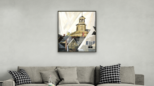 After Sir Christopher Wren by Charles Demuth, shown at 32 × 40 in (81.3 × 101.6 cm) on canvas in Ramino Satin Black, living [arteriel-render:v6:room_a:32x40@50,37]