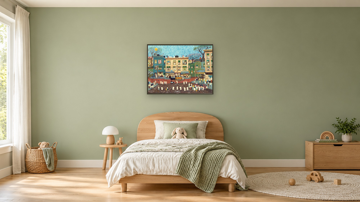 Old Neighborhood by Ralph Fasanella, shown at 30 × 40 in (76.2 × 101.6 cm) on canvas in Ramino Satin Black, kids' room