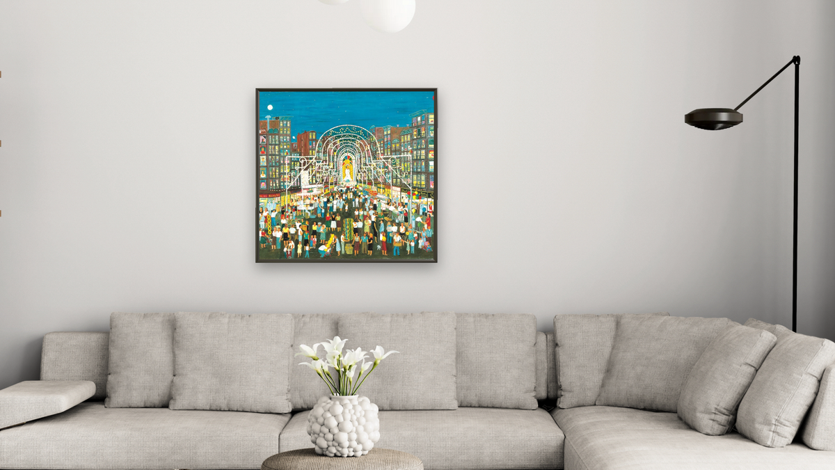 Festa by Ralph Fasanella, shown at 32 × 32 in (81.3 × 81.3 cm) on canvas in Ramino Satin Black, living