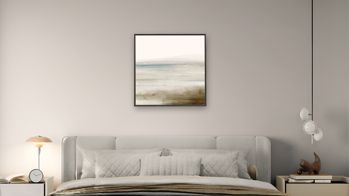 Bay View by Dan Hobday, shown at 32 × 32 in (81.3 × 81.3 cm) on canvas in Ramino Satin Black, bedroom