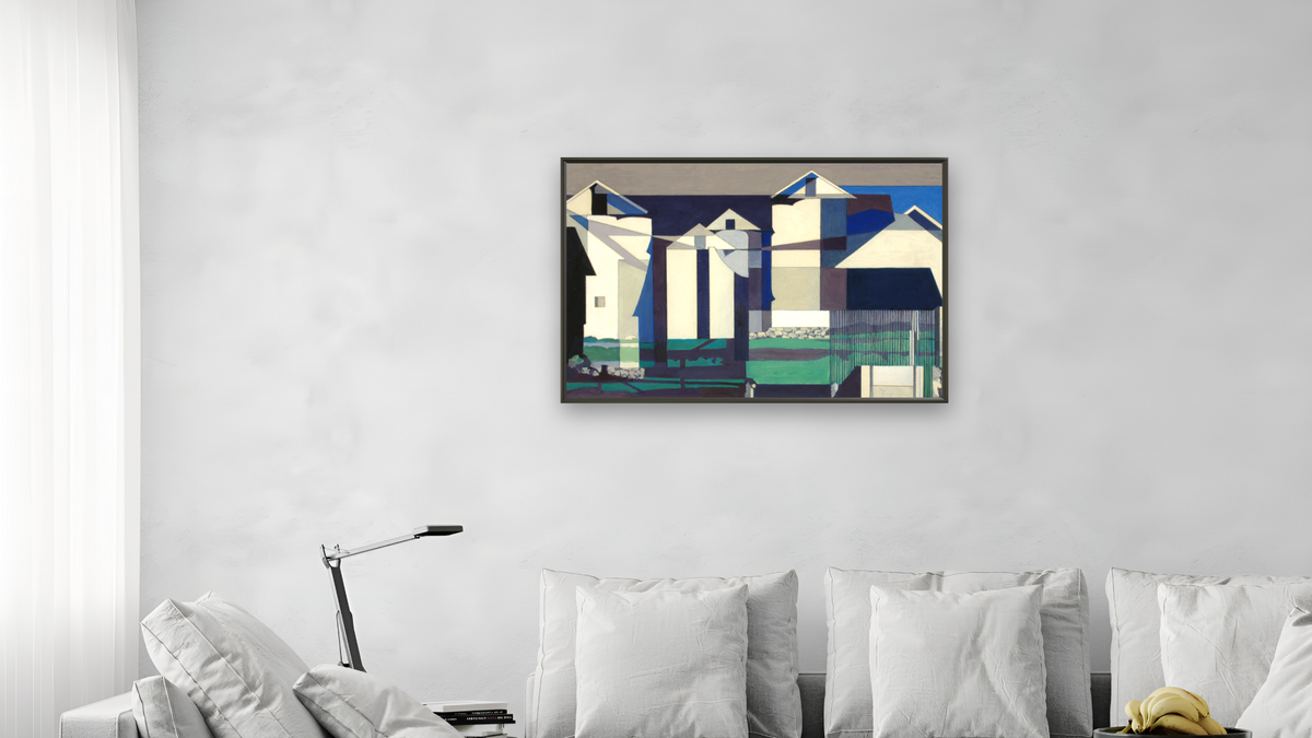Bucolic Landscape #2, 1958 by Charles Sheeler, shown at 28 × 42 in (71.1 × 106.7 cm) on canvas in Ramino Satin Black, living