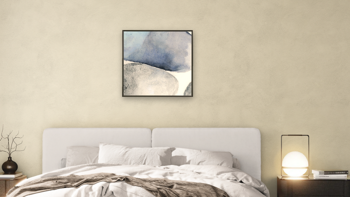 No. 432 by Michelle Oppenheimer, shown at 32 × 32 in (81.3 × 81.3 cm) on canvas in Ramino Satin Black, bedroom