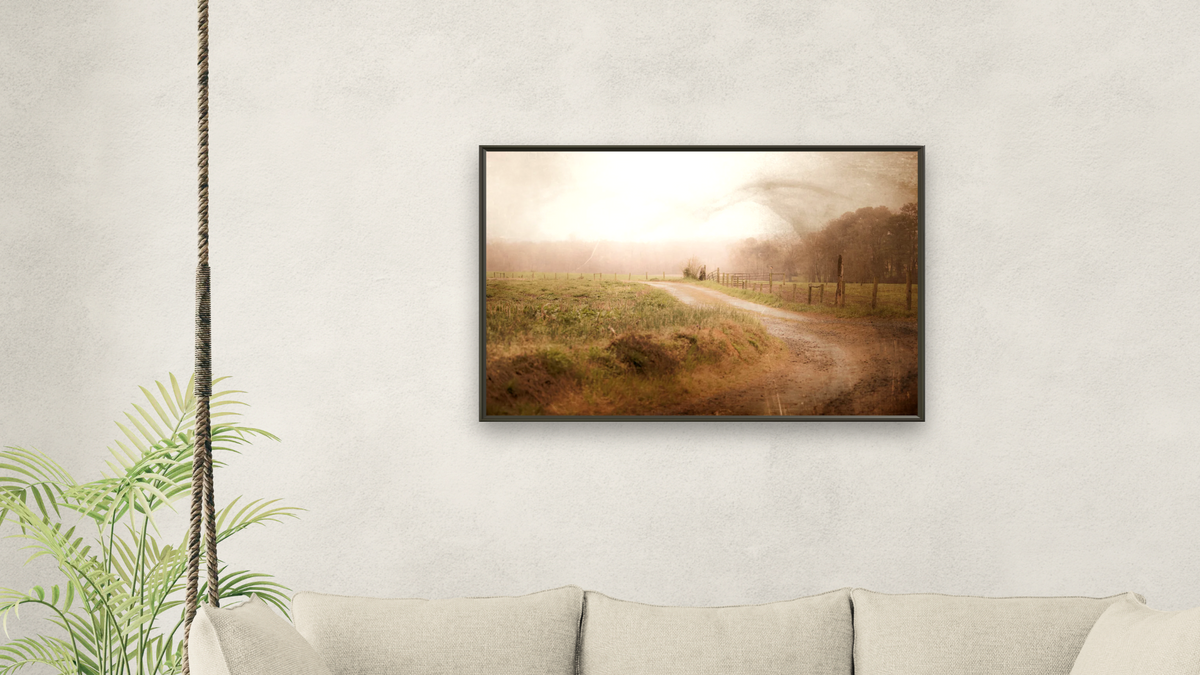 Early Rise by Brandon Luther, shown at 28 × 42 in (71.1 × 106.7 cm) on canvas in Ramino Satin Black, living