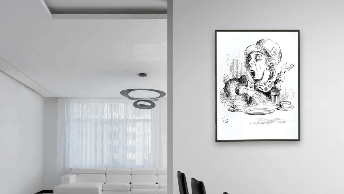 The Mad Hatter, illustration from 'Alice's Adventures in Wonderland', by Lewis Carroll by John Tenniel, shown at 30 × 40 in (76.2 × 101.6 cm) on canvas in Ramino Satin Black, dining