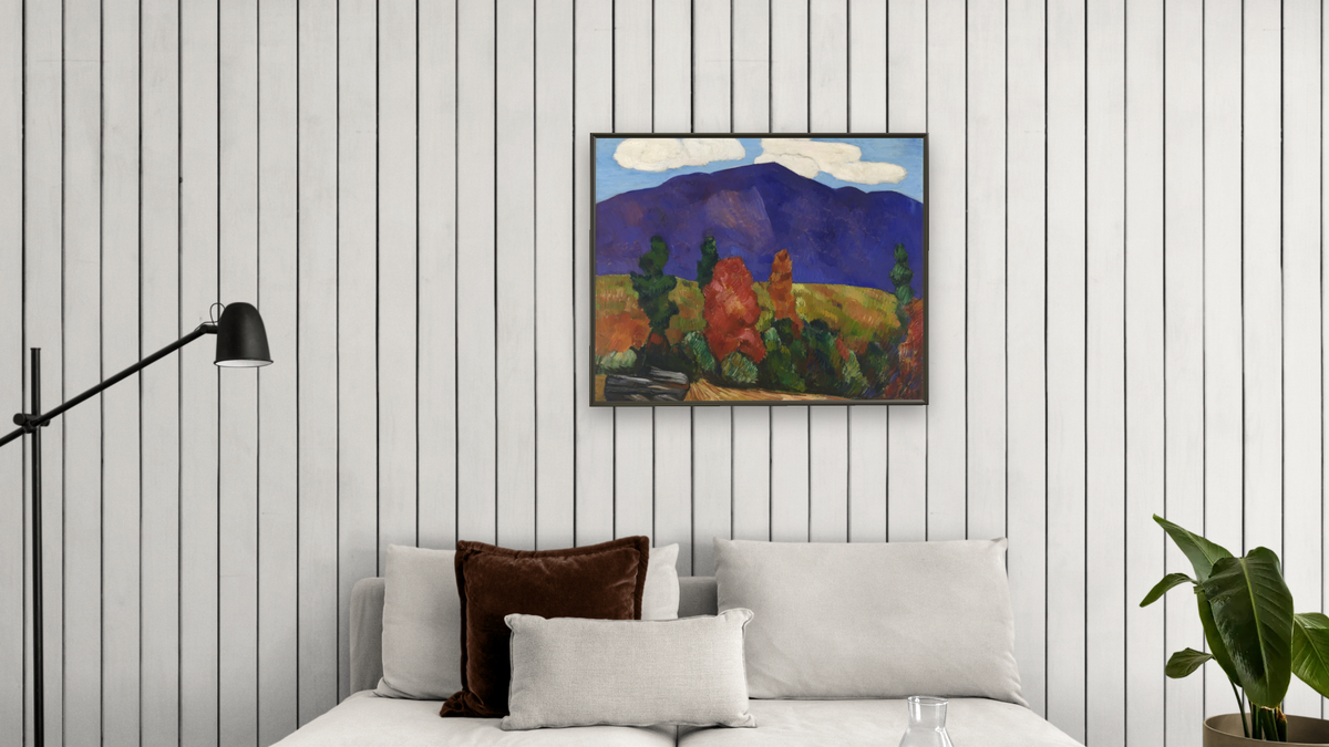 Franconia Notch (Mt. Lafayette, Franconia Notch, N.H.) by Marsden Hartley, shown at 32 × 40 in (81.3 × 101.6 cm) on canvas in Ramino Satin Black, living