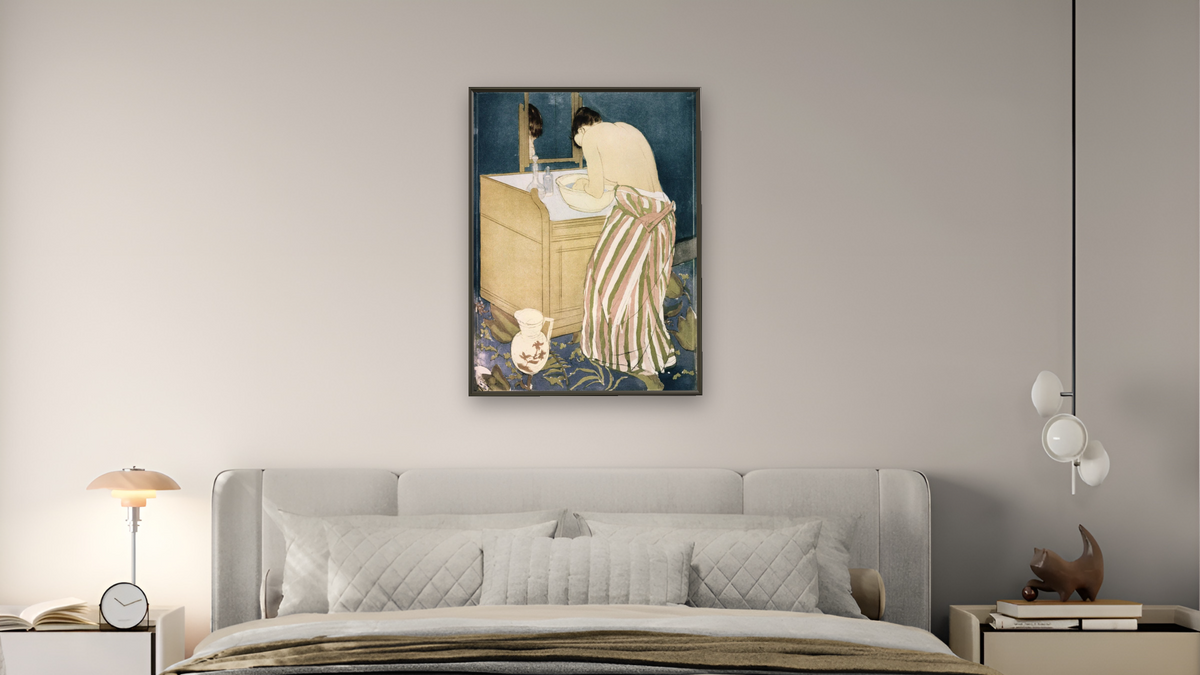 Woman Washing Hands by Mary Cassatt, shown at 30 × 40 in (76.2 × 101.6 cm) on canvas in Ramino Satin Black, bedroom