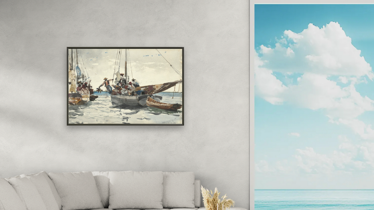 Market Scene, Nassau by Winslow Homer, shown at 28 × 42 in (71.1 × 106.7 cm) on canvas in Ramino Satin Black, living