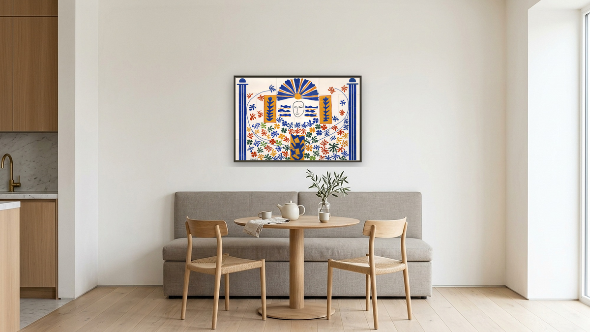 Apollo by Henri Matisse, shown at 28 × 42 in (71.1 × 106.7 cm) on canvas in Ramino Satin Black, kitchen