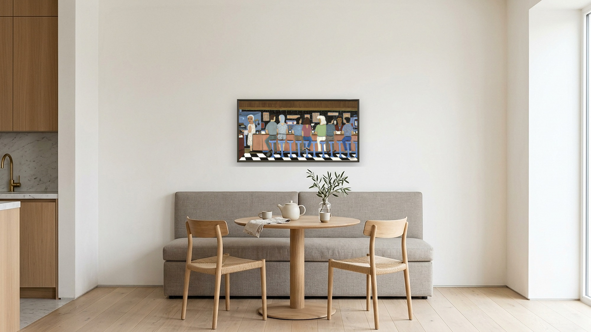 Luncheonette by Ralph Fasanella, shown at 20 × 40 in (50.8 × 101.6 cm) on canvas in Ramino Satin Black, kitchen