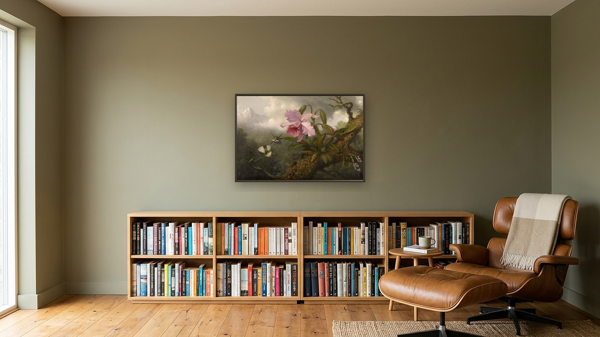 Cattleya Orchid, Two Hummingbirds and a Beetle by Martin Johnson Heade, shown at 28 × 42 in (71.1 × 106.7 cm) on canvas in Ramino Satin Black, library