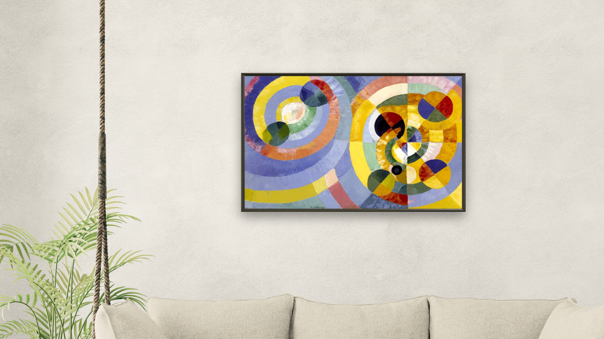 Circular Forms (Formes circulaires) by Robert Delaunay, shown at 28 × 42 in (71.1 × 106.7 cm) on canvas in Ramino Satin Black, living