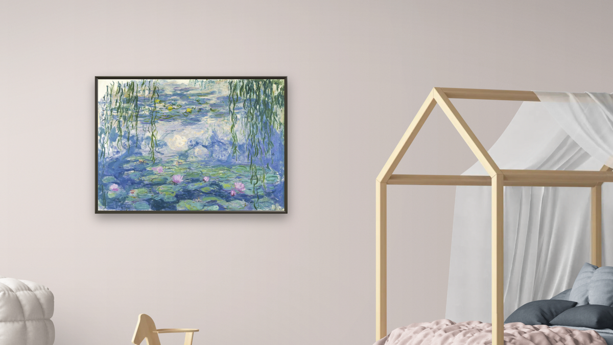 Waterlilies by Claude Monet, shown at 30 × 40 in (76.2 × 101.6 cm) on canvas in Ramino Satin Black, bedroom