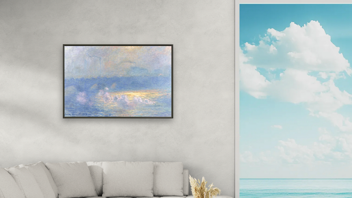 Waterloo Bridge, Sunlight Effect with Smoke by Claude Monet, shown at 28 × 42 in (71.1 × 106.7 cm) on canvas in Ramino Satin Black, living