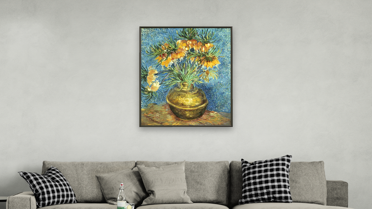 Crown Imperial Fritillaries in a Copper Vase by Vincent van Gogh, shown at 32 × 40 in (81.3 × 101.6 cm) on canvas in Ramino Satin Black, living