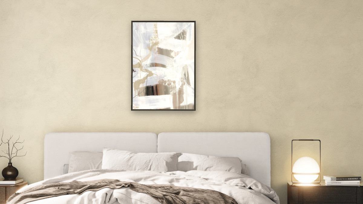 Nectar by Dan Hobday, shown at 28 × 42 in (71.1 × 106.7 cm) on canvas in Ramino Satin Black, bedroom