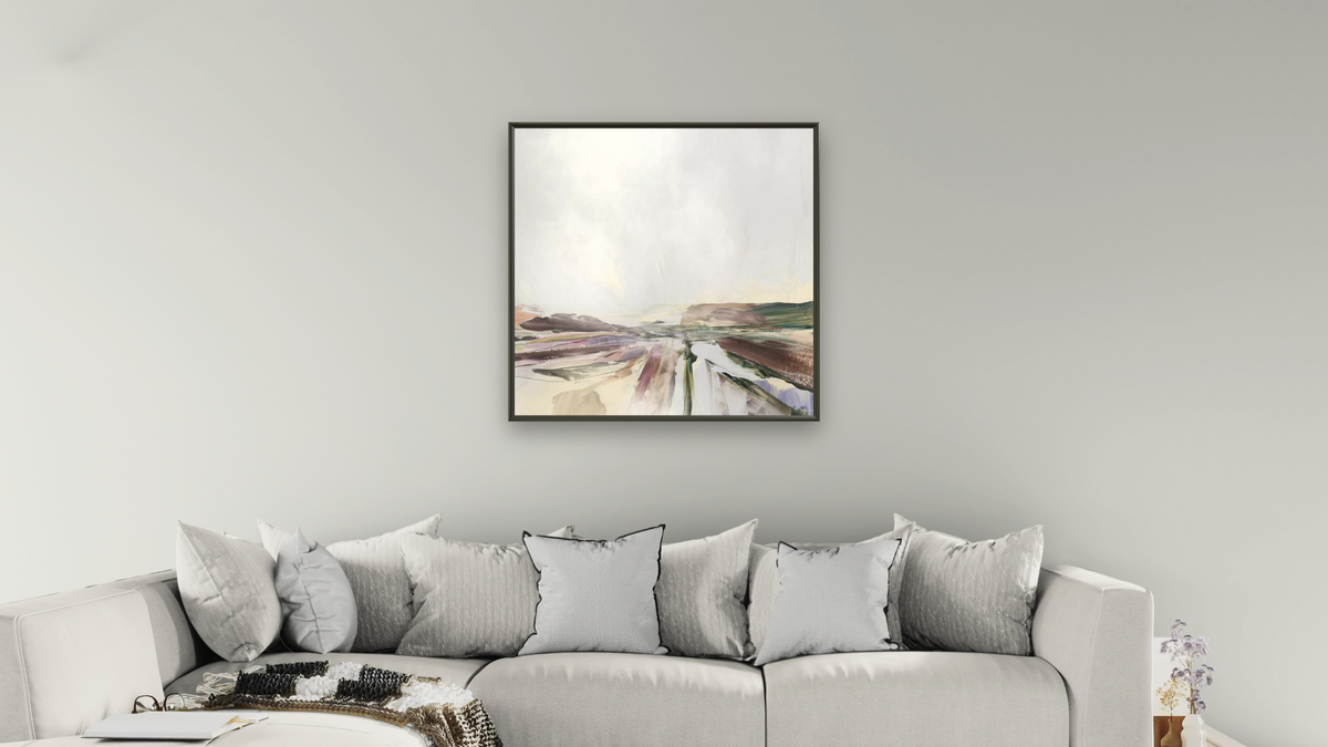 Beauty by Dan Hobday, shown at 32 × 32 in (81.3 × 81.3 cm) on canvas in Ramino Satin Black, living