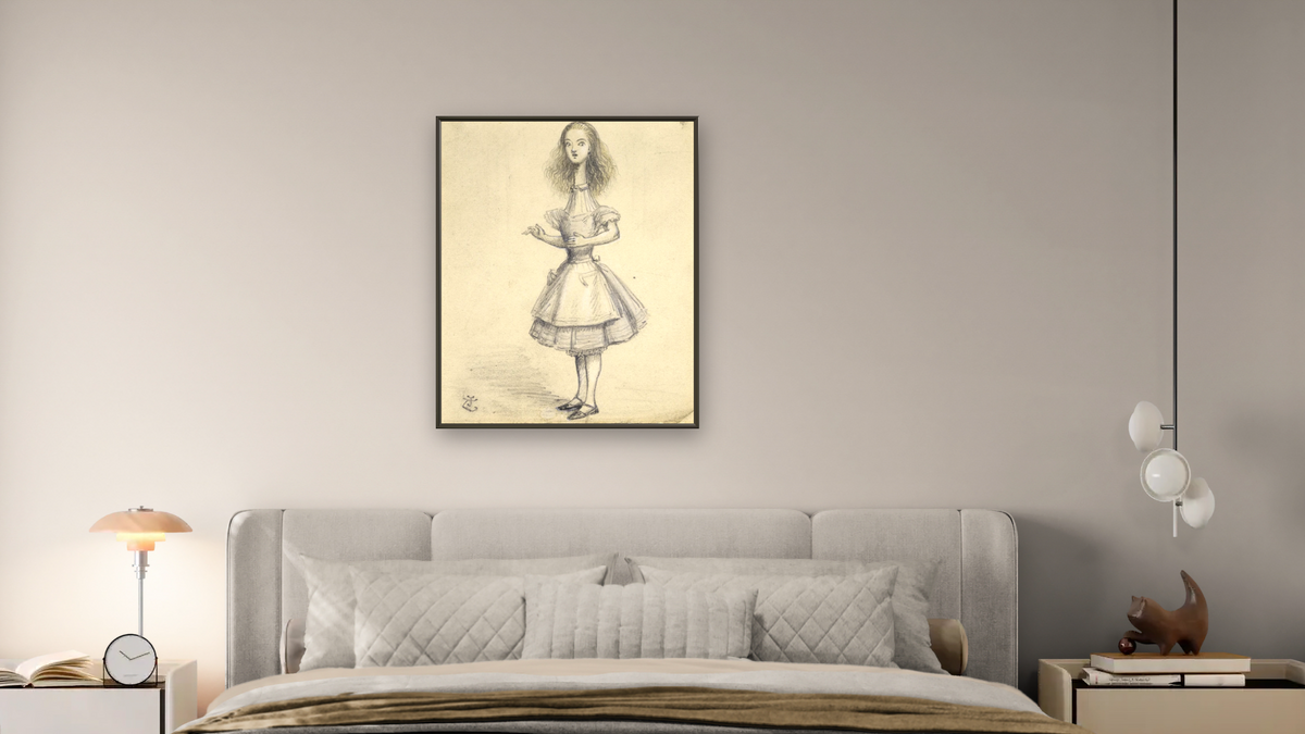 Alice In Wonderland: Curiouser and Curiouser by John Tenniel, shown at 32 × 40 in (81.3 × 101.6 cm) on canvas in Ramino Satin Black, bedroom