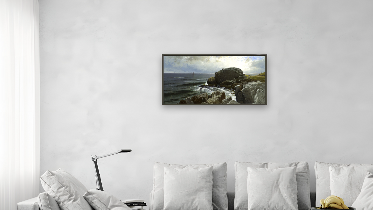 Castle Rock, Marblehead by Alfred Thompson Bricher, shown at 20 × 40 in (50.8 × 101.6 cm) on canvas in Ramino Satin Black, living
