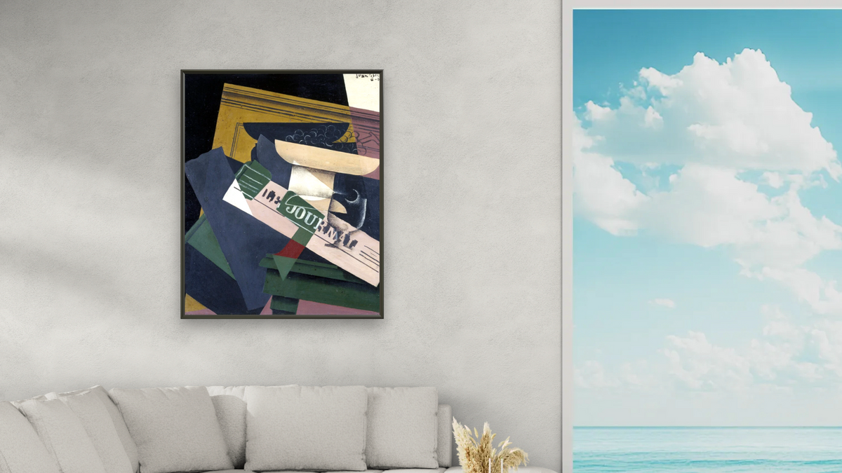 Les Raisins by Juan Gris, shown at 32 × 40 in (81.3 × 101.6 cm) on canvas in Ramino Satin Black, living