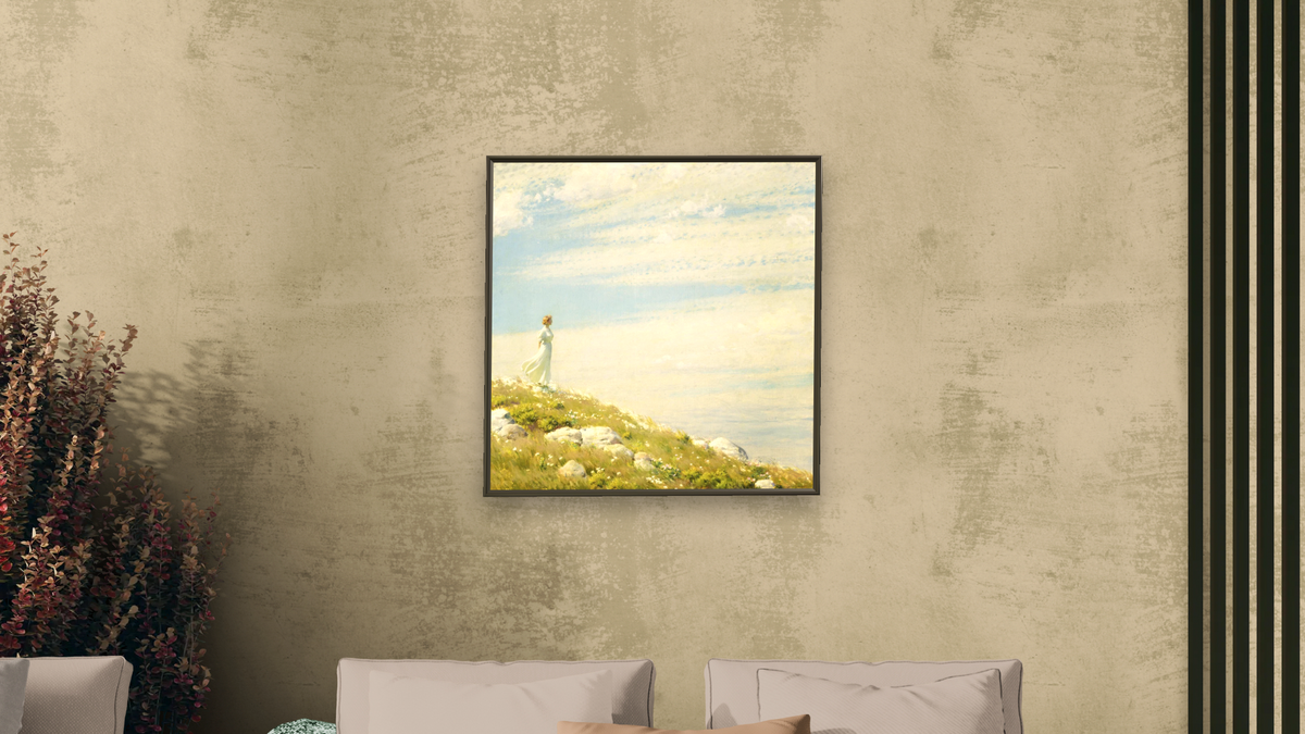 A Breezy Day by Charles Courtney Curran, shown at 32 × 32 in (81.3 × 81.3 cm) on canvas in Ramino Satin Black, living