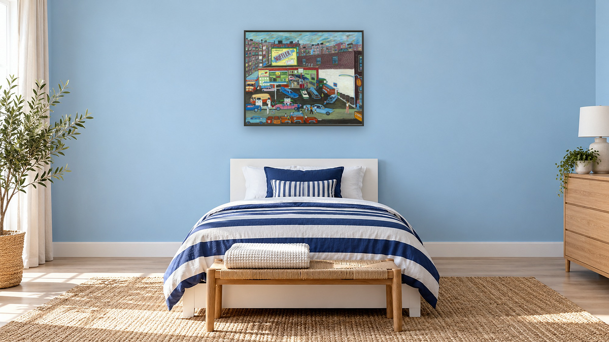 Happy and Bud's Service Station by Ralph Fasanella, shown at 32 × 40 in (81.3 × 101.6 cm) on canvas in Ramino Satin Black, kids' room