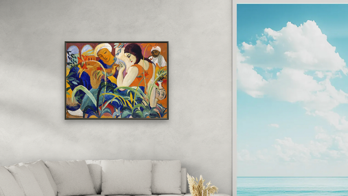 Eastern Women by August Macke, shown at 30 × 40 in (76.2 × 101.6 cm) on canvas in Ramino Satin Black, living