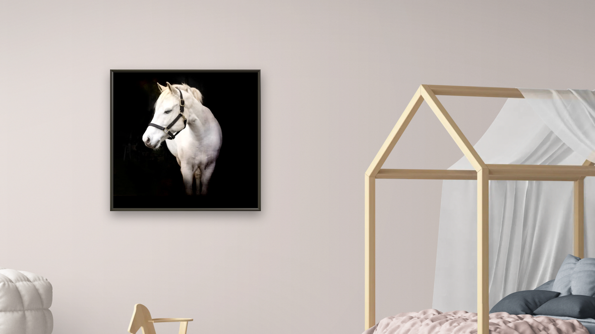 Maddie n black by Brandon Luther, shown at 32 × 32 in (81.3 × 81.3 cm) on canvas in Ramino Satin Black, bedroom
