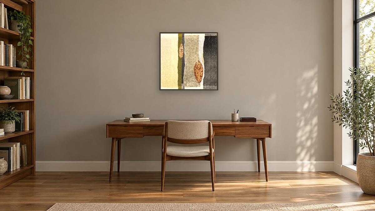 On Course, shown at 32 × 32 in (81.3 × 81.3 cm) on canvas in Ramino Satin Black, library