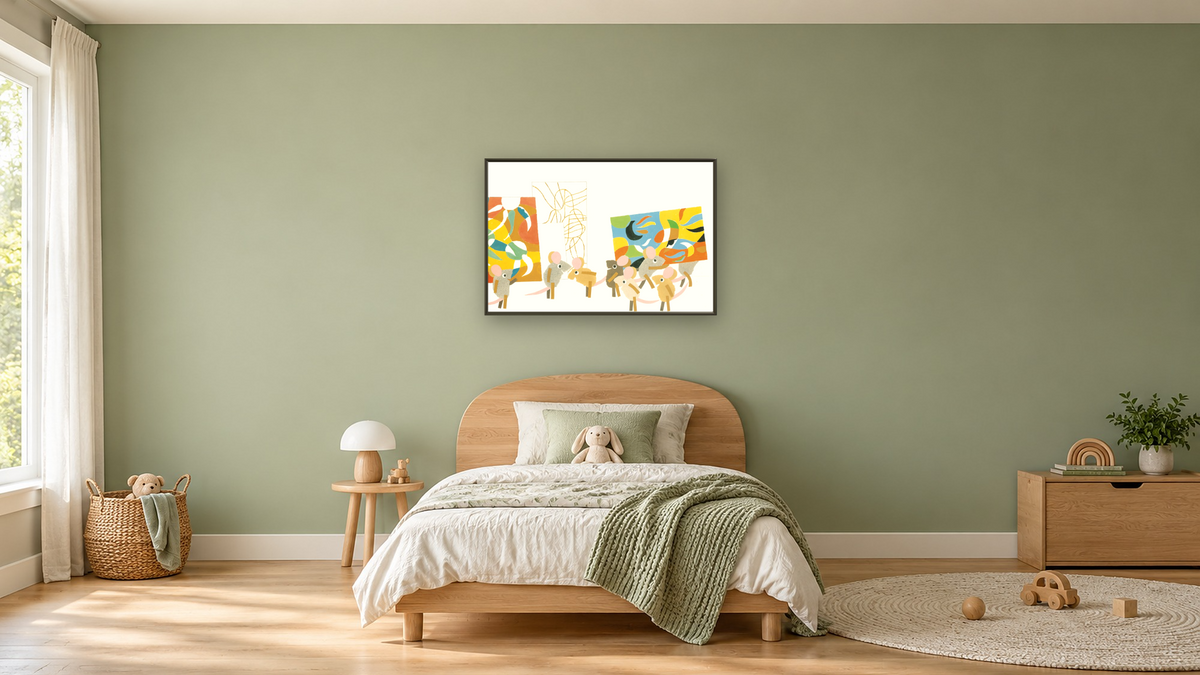 Matthew's Dream XIII, shown at 28 × 42 in (71.1 × 106.7 cm) on canvas in Ramino Satin Black, kids' room