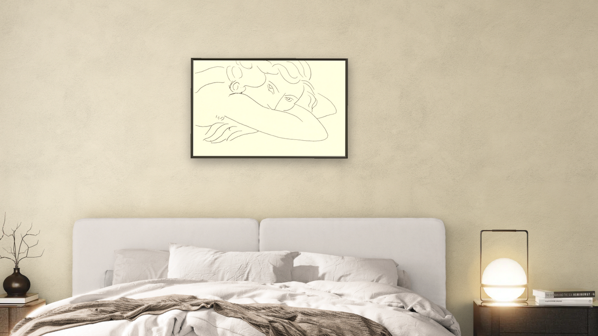 Young Woman with Face Buried in Arms (Jeune femme le visage enfoui dans les bras) by Henri Matisse, shown at 28 × 42 in (71.1 × 106.7 cm) on canvas in Ramino Satin Black, bedroom