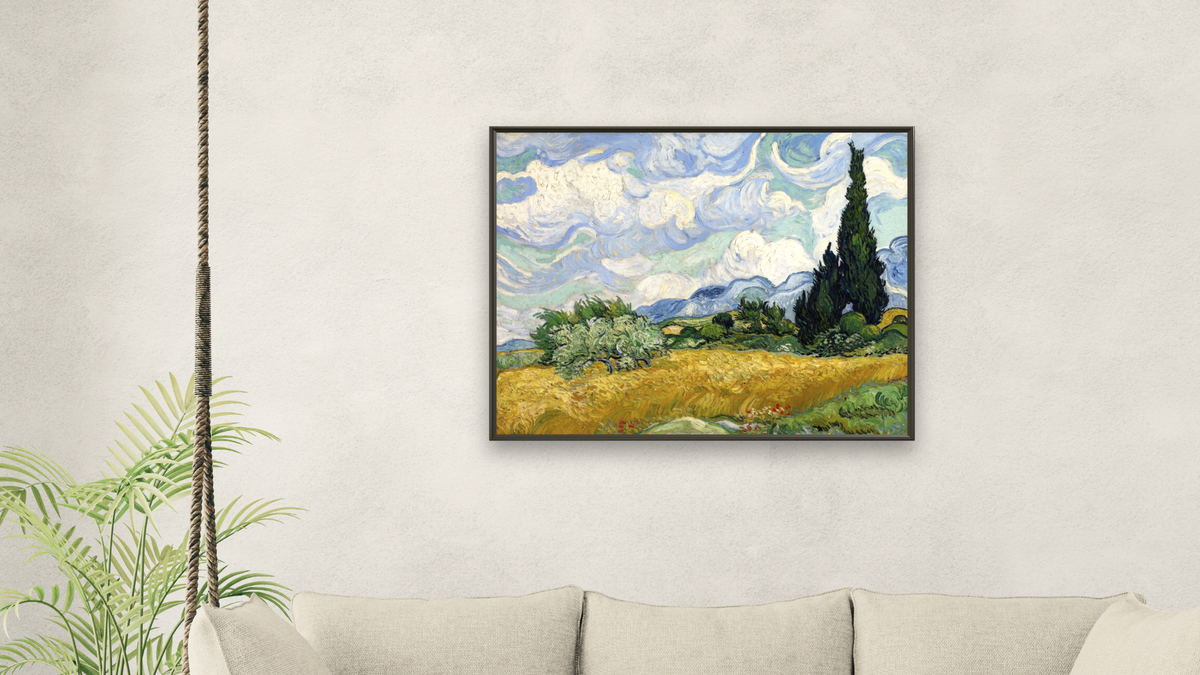 Wheat Field with Cypresses by Vincent van Gogh, shown at 32 × 40 in (81.3 × 101.6 cm) on canvas in Ramino Satin Black, living