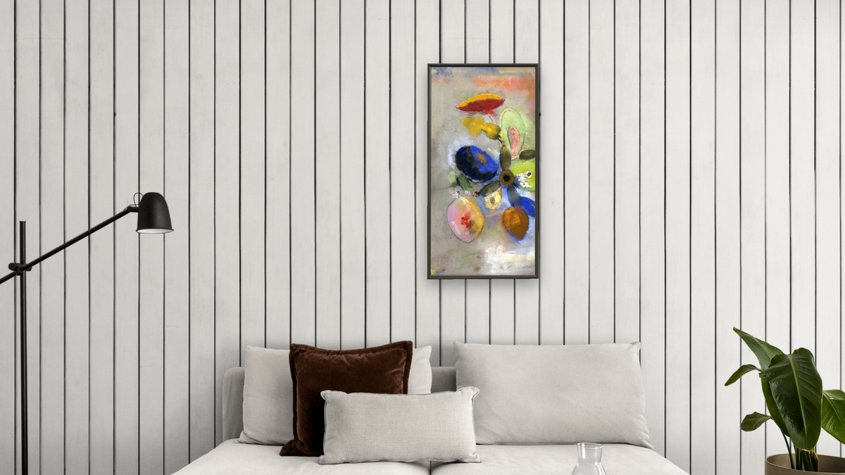 Flowers by Odilon Redon, shown at 20 × 40 in (50.8 × 101.6 cm) on canvas in Ramino Satin Black, living