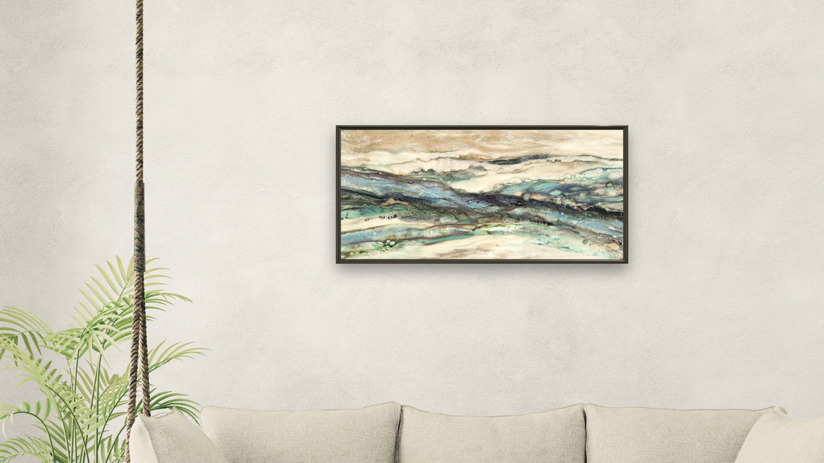 Land and Sea by Corrina Leidy, shown at 20 × 40 in (50.8 × 101.6 cm) on canvas in Ramino Satin Black, living