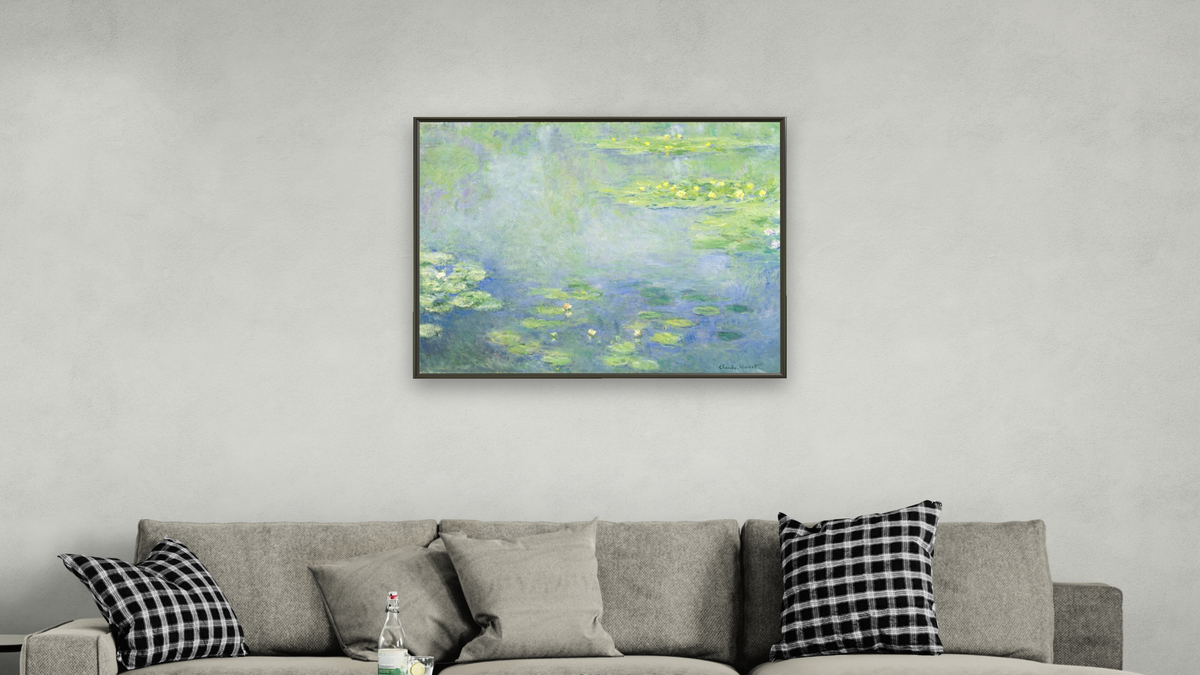 Waterlilies by Claude Monet, shown at 32 × 40 in (81.3 × 101.6 cm) on canvas in Ramino Satin Black, living