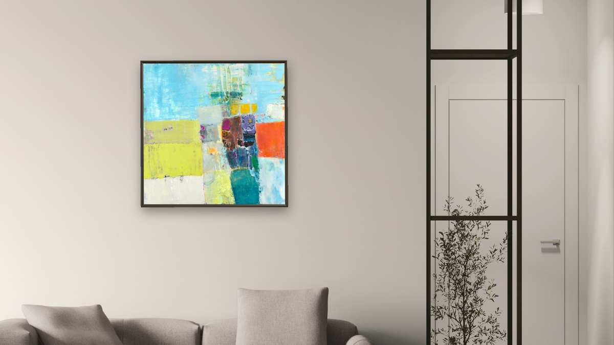Orange Block by Louise Gaskill, shown at 32 × 32 in (81.3 × 81.3 cm) on canvas in Ramino Satin Black, living