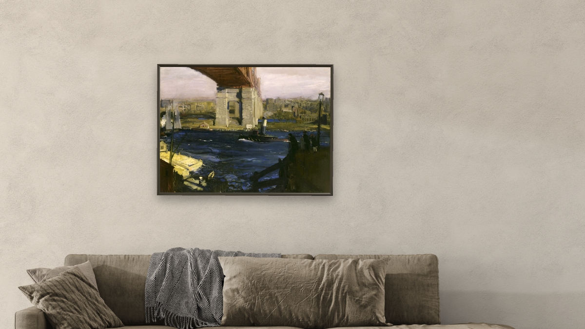 The Bridge, Blackwell’s Island by George Bellows, shown at 30 × 40 in (76.2 × 101.6 cm) on canvas in Ramino Satin Black, living