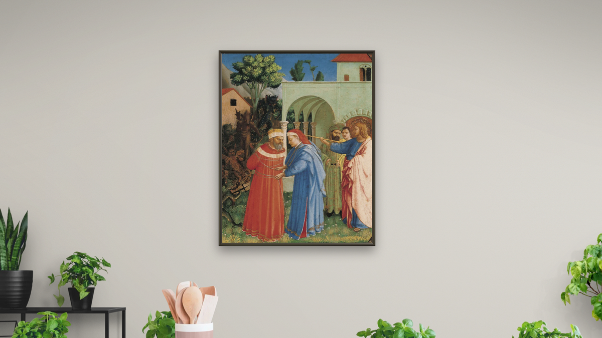 The Apostle Saint James the Greater Freeing the Magician Hermogenes by Fra Angelico, shown at 32 × 40 in (81.3 × 101.6 cm) on canvas in Ramino Satin Black, dining