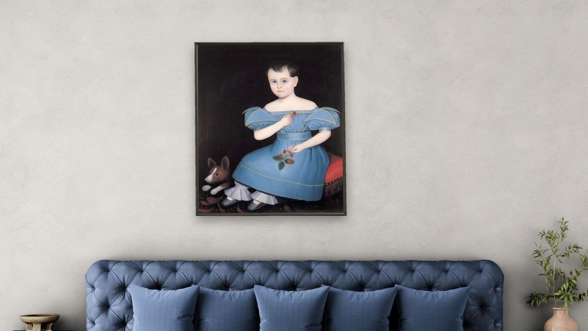 James Mairs Salisbury by Ammi Phillips, shown at 32 × 40 in (81.3 × 101.6 cm) on canvas in Ramino Satin Black, bedroom