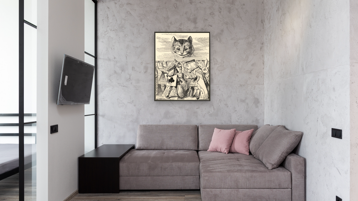 The King of Hearts arguing with the Executioner, from 'Alice's Adventures in Wonderland' by Lewis Carroll by John Tenniel, shown at 32 × 40 in (81.3 × 101.6 cm) on canvas in Ramino Satin Black, media room