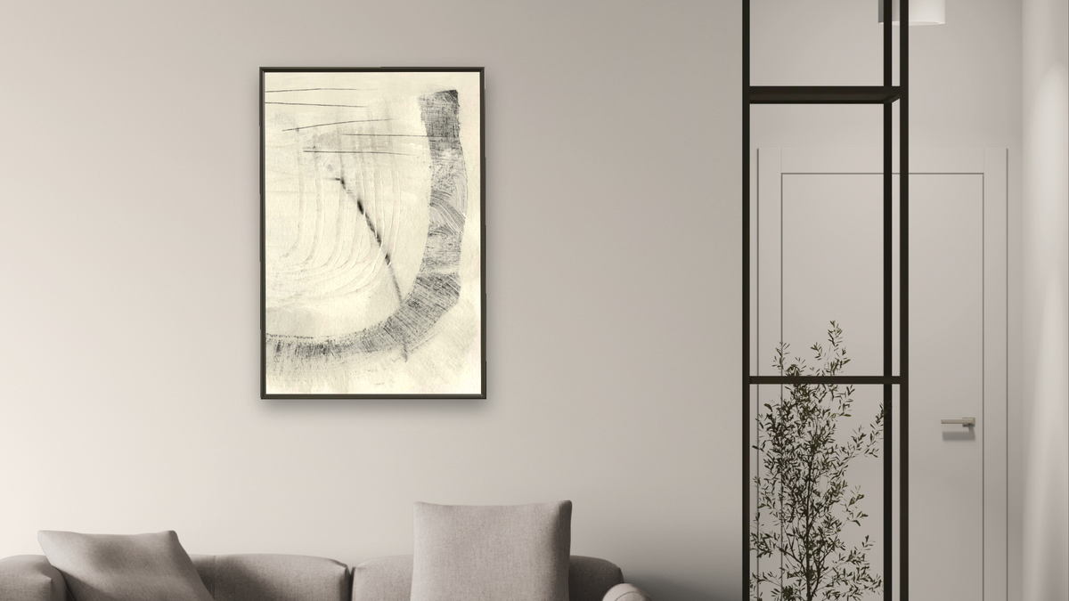 Real 2 by Dan Hobday, shown at 28 × 42 in (71.1 × 106.7 cm) on canvas in Ramino Satin Black, living