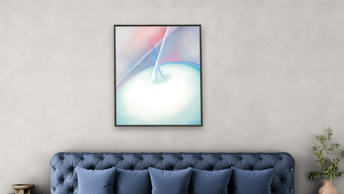Series I, No. 7 by Georgia O'Keeffe, shown at 32 × 40 in (81.3 × 101.6 cm) on canvas in Ramino Satin Black, bedroom