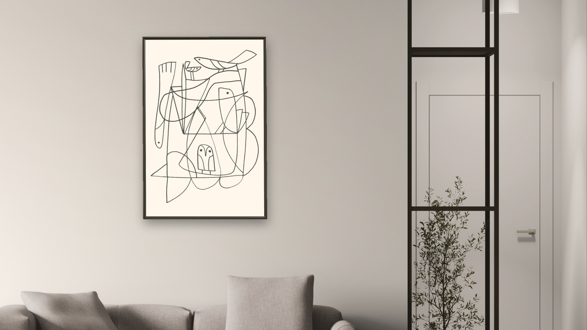 Daily 1 by Dan Hobday, shown at 28 × 42 in (71.1 × 106.7 cm) on canvas in Ramino Satin Black, living